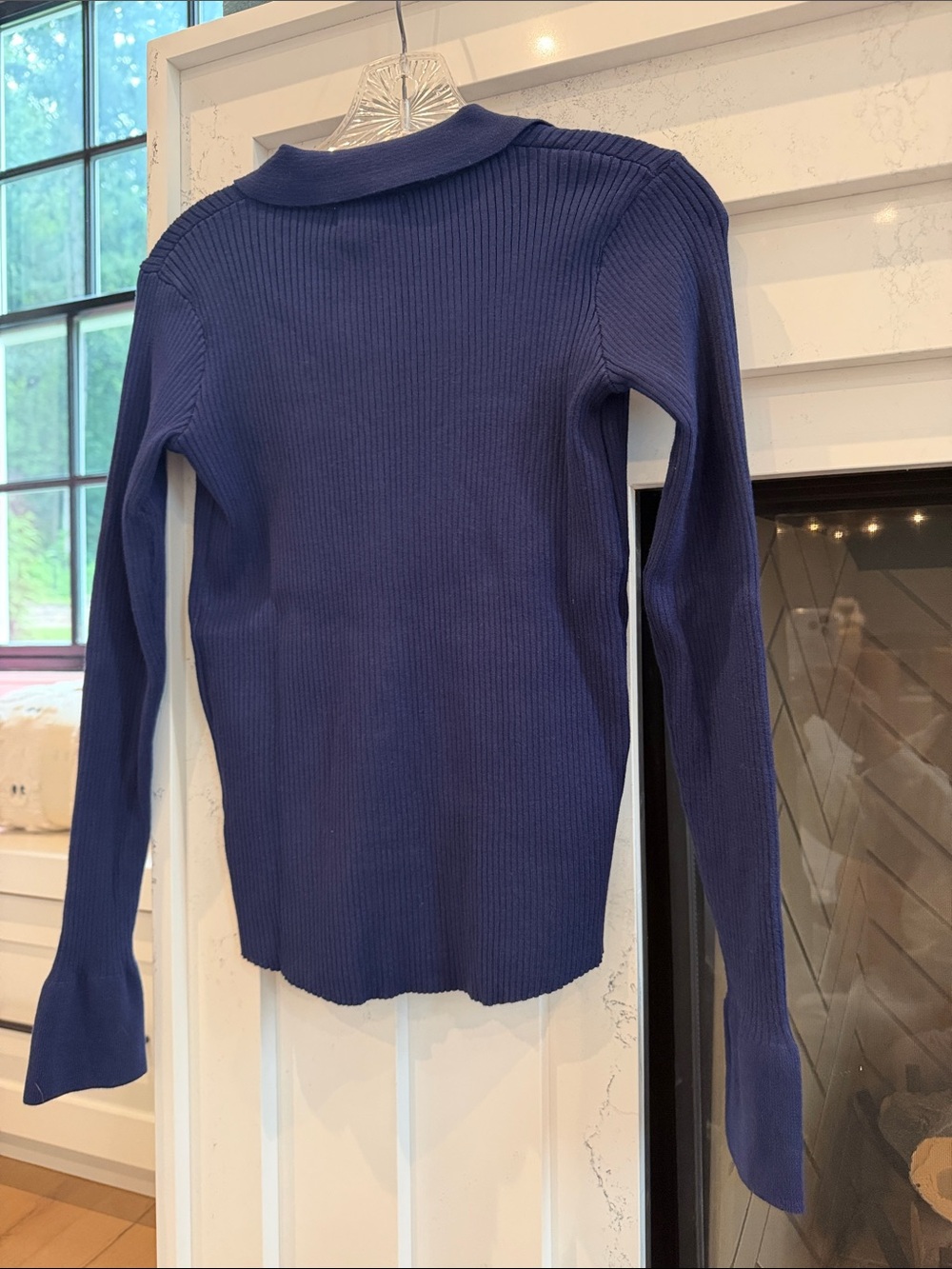 Elan Navy Ribbed Button-Front Long Sleeve Collared Top - Picture 2 of 2